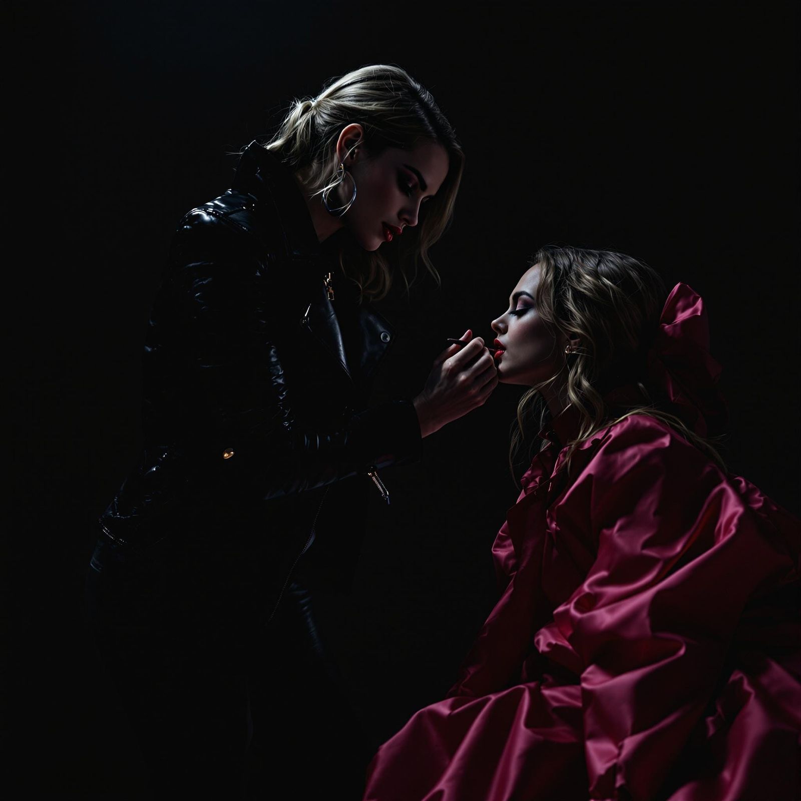 Dramatic Portrait: Woman in Leather Applies Lipstick