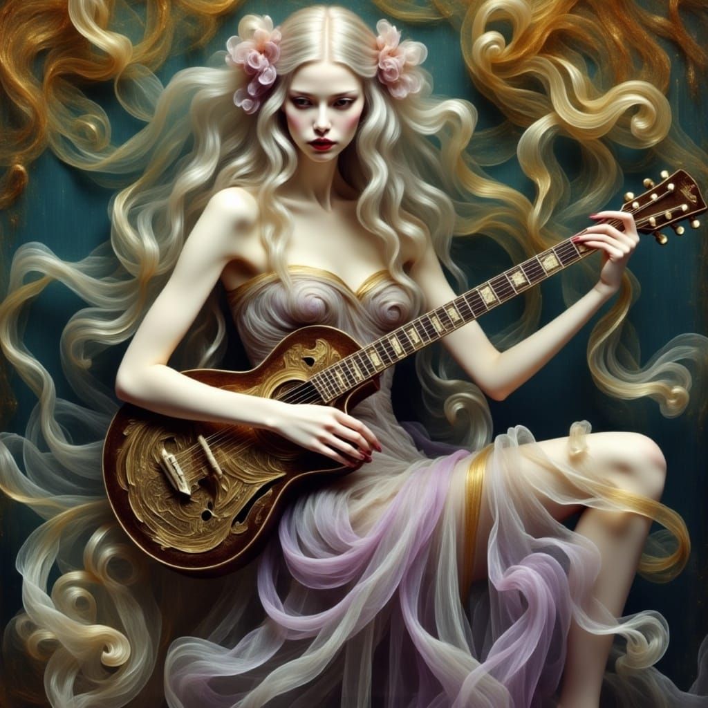 Ethereal Woman Strums Guitar in Dreamy Digital Art