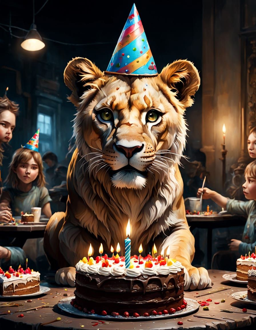 Joyful Lioness Celebrates Birthday in Vibrant Digital Painti...