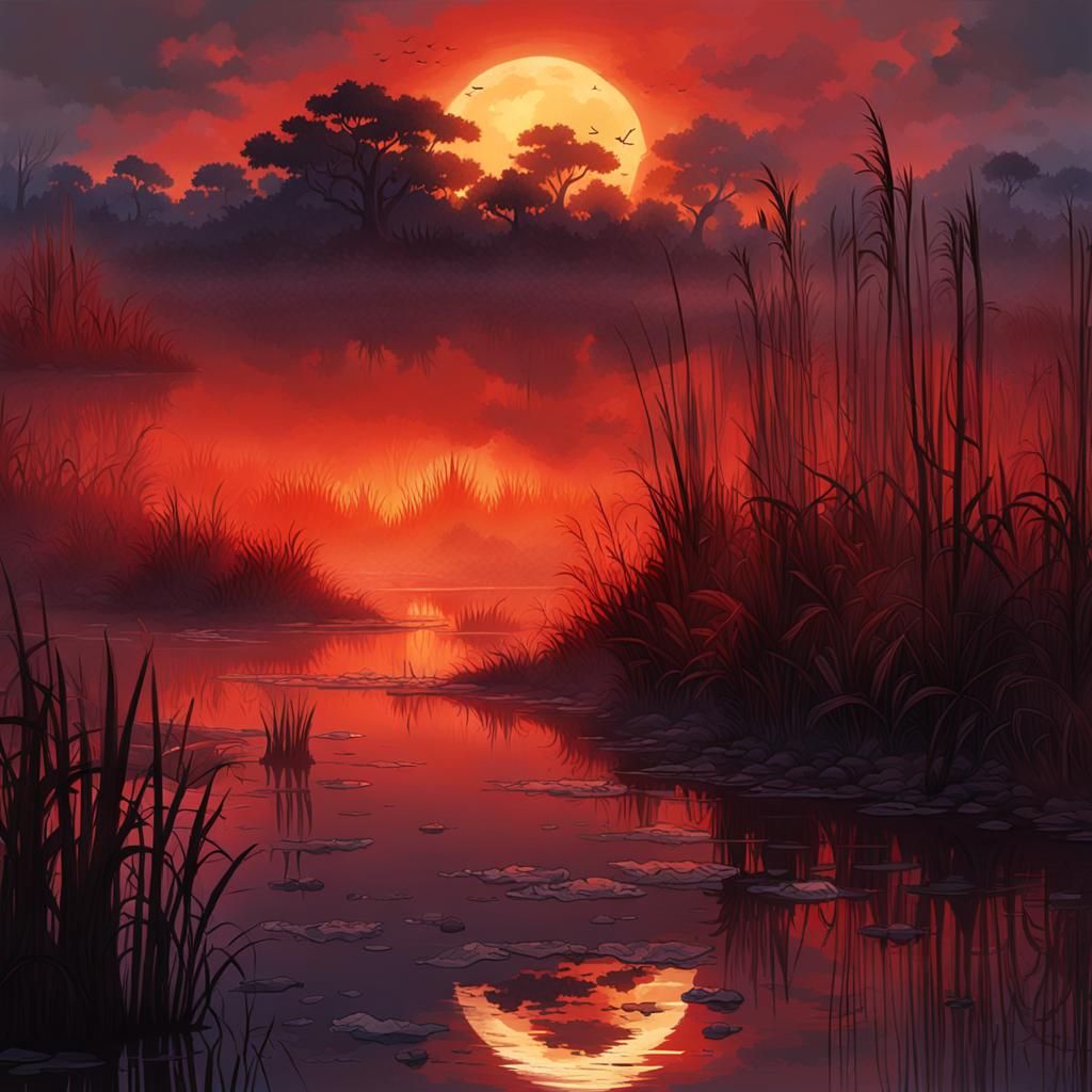 Fiery Dusk Over Dreamy Swamp Lands