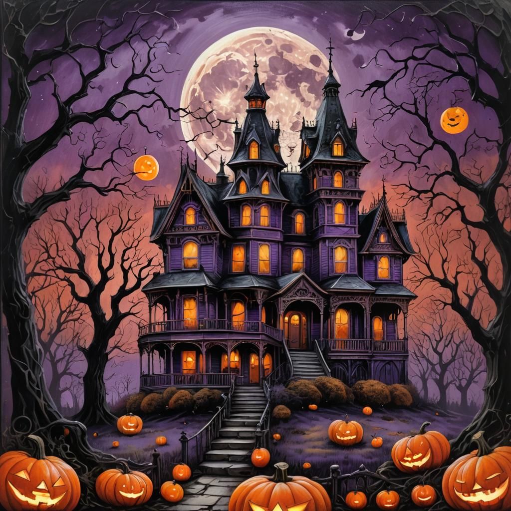 Gothic Victorian Haunted House with Orange Moon