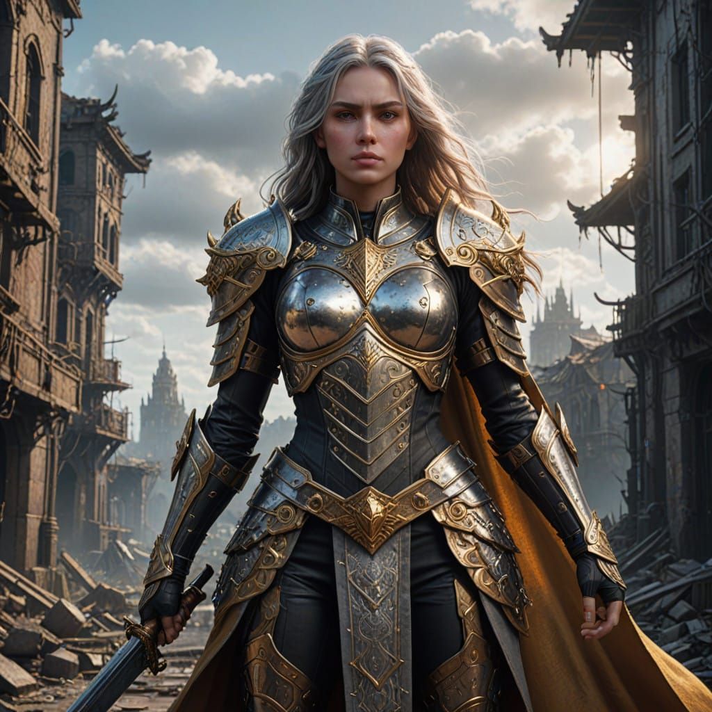 Warrior Goddess in Ruins, Cyberpunk Fantasy Art