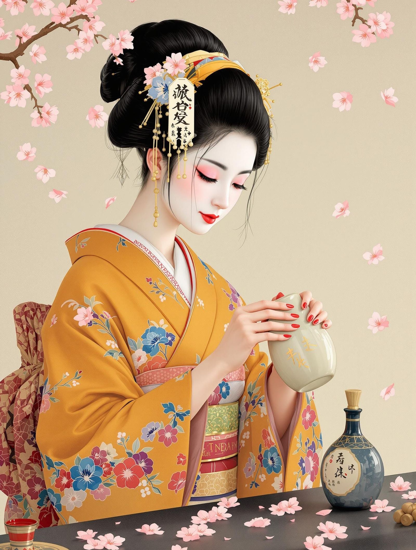 Elegant Geisha in Saffron Kimono, Surrounded by Cherry Bloss...