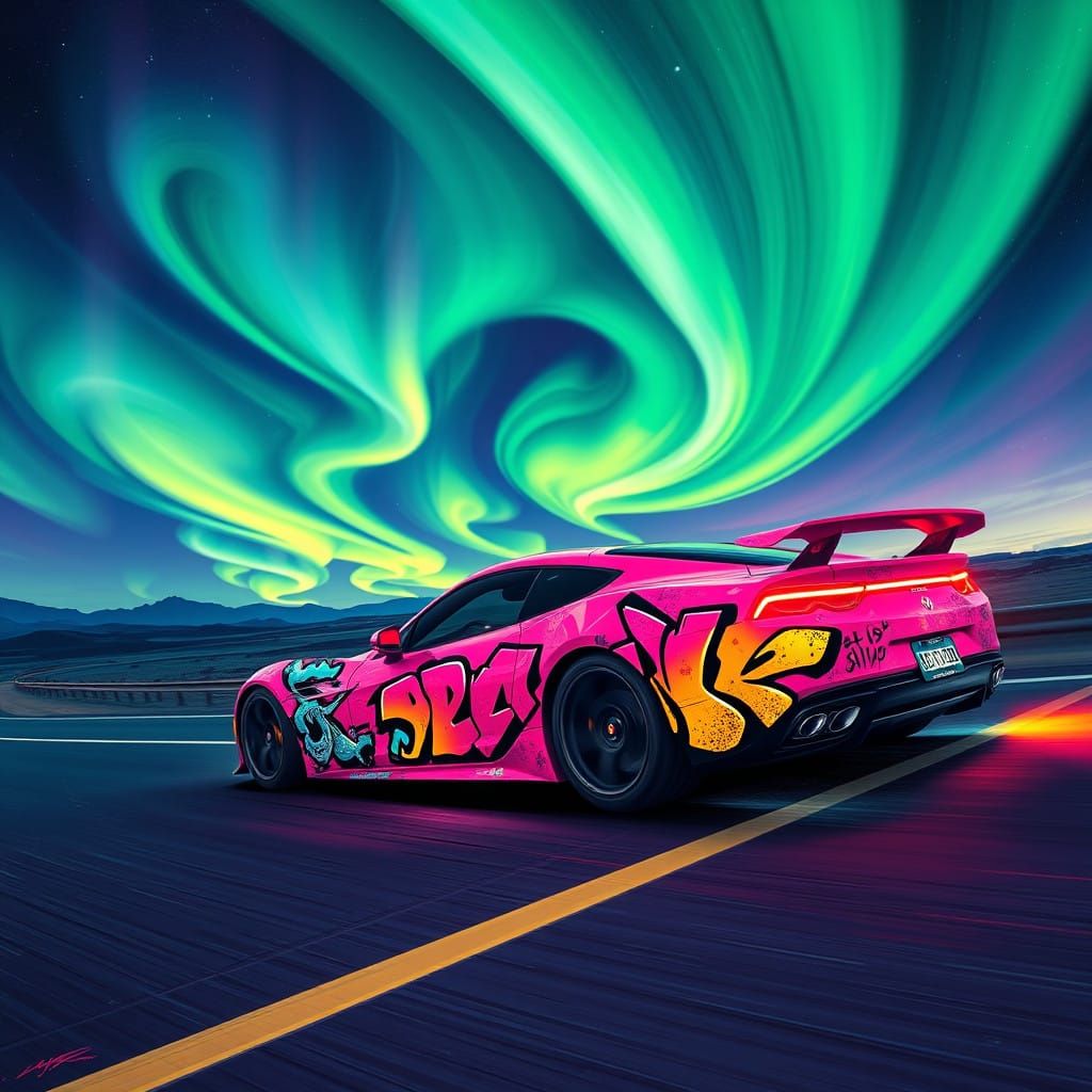Electric Dreamscapes: Pink Sports Car Speeds Under Northern...