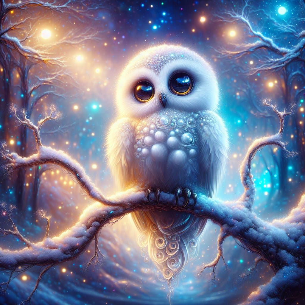 Adorable snowy owl perched on a tree branch, showcasing hype...