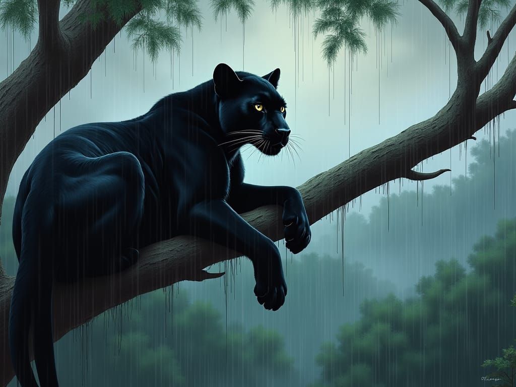 Black Panther in Rainforest: Realistic Painting