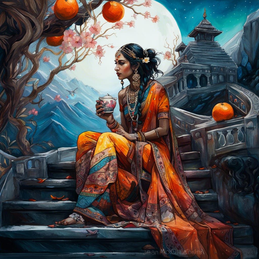 Mystical Indian Princess in Elegant Saree under Moonlit Glac...