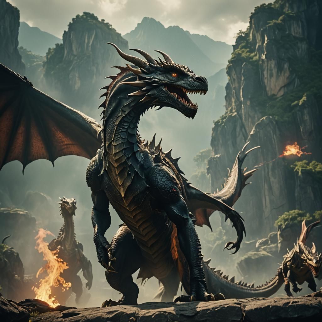 Epic Dragons in Cinematic Film Still