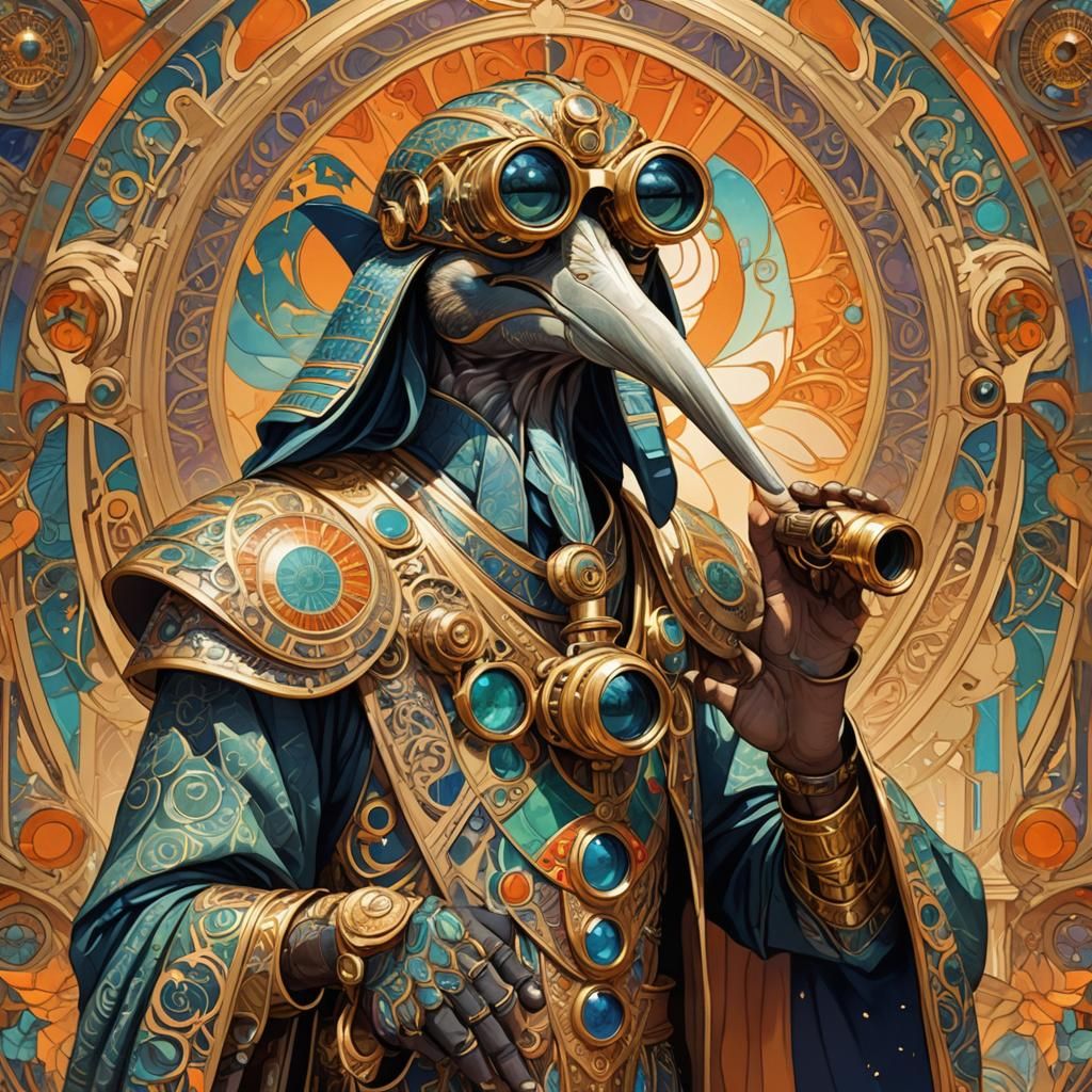 Thoth Gazing Through Binoculars: Alphonse Mucha Style