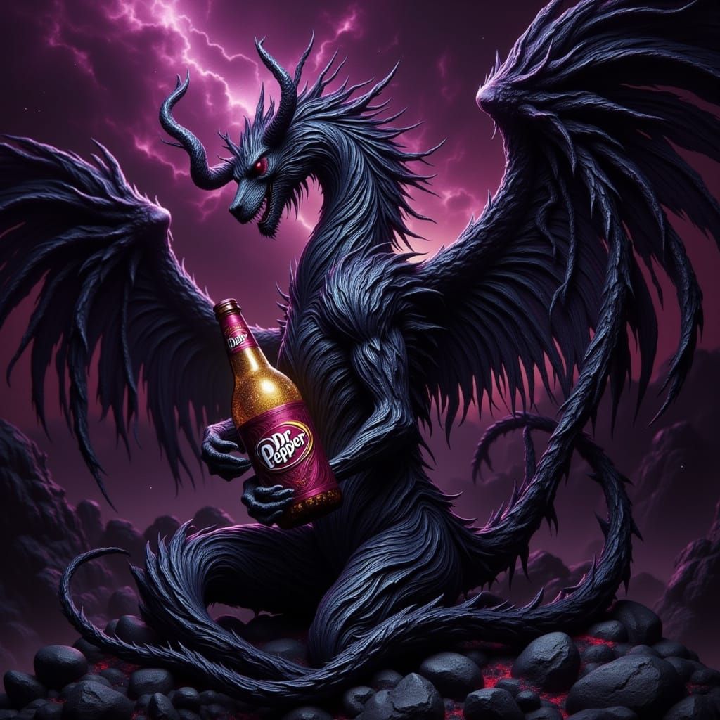 Majestic, Winged Creature Cradles Dr. Pepper in Dark Fantasy...