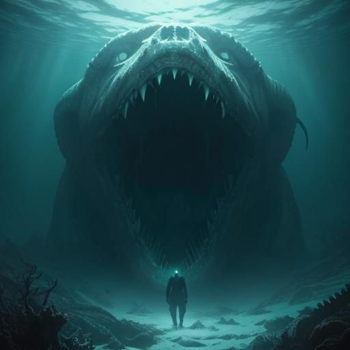 Underwater Confrontation with Sea Monster in Fauvist Style