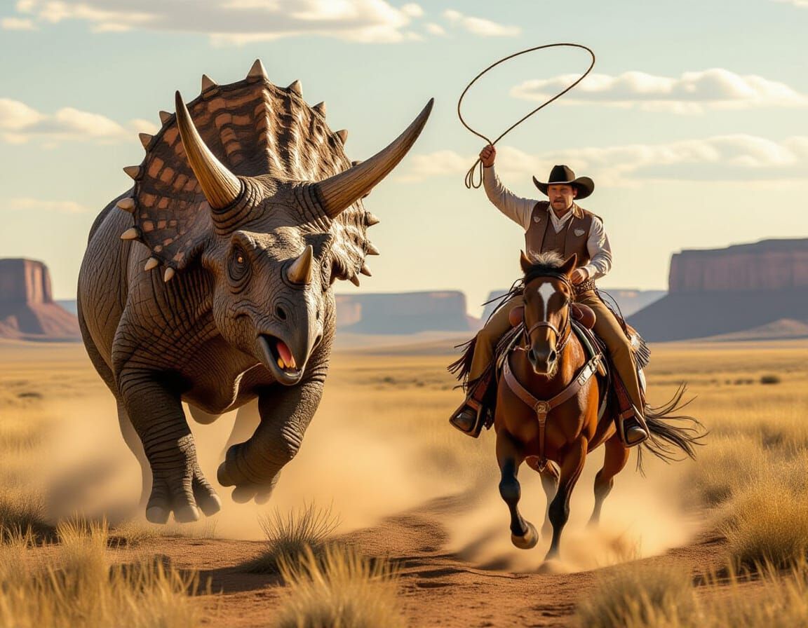 Cowboy Herding Triceratops on Prairie in Western Art Style