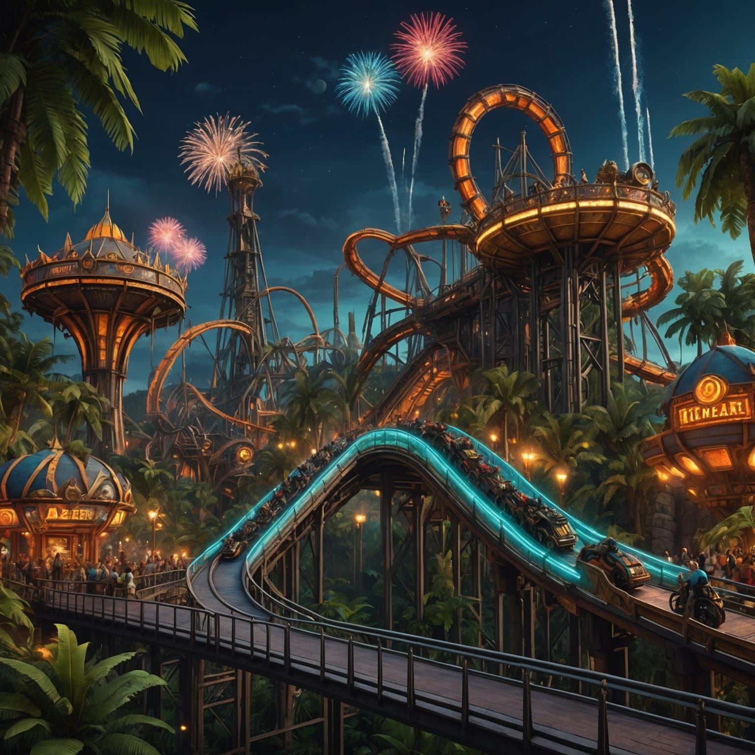 Futuristic Aztec Alien Theme Park at Night