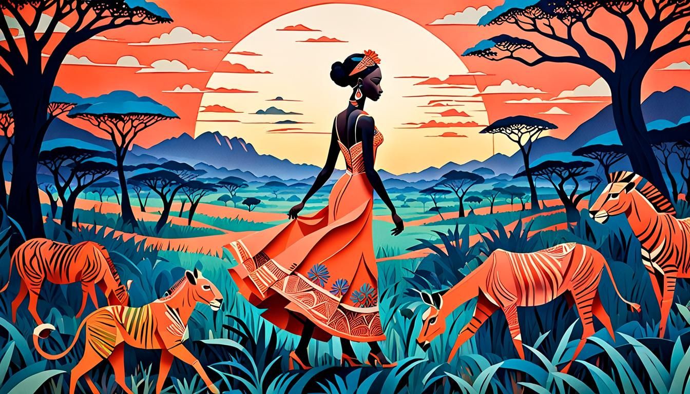 Elegant Woman in African Savannah Paper-Cut Animation