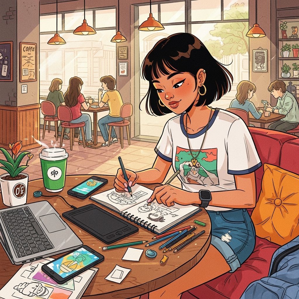 Young Adult in Coffee Shop: Vibrant Mixed-Media Illustration