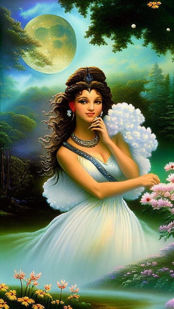 Ethereal Moon Goddess in Misty Landscape