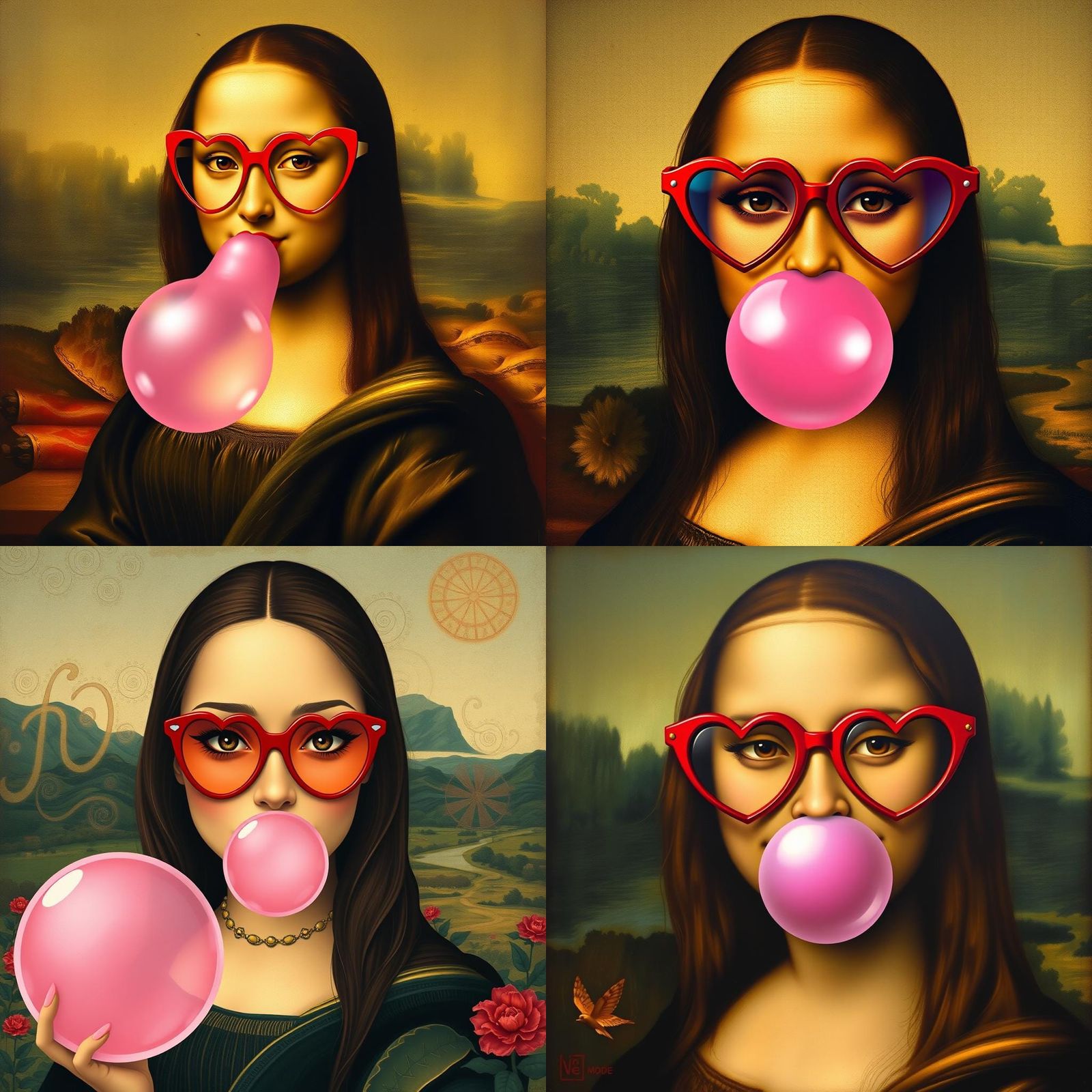 Mona Lisa with Heart Glasses Blowing Bubblegum
