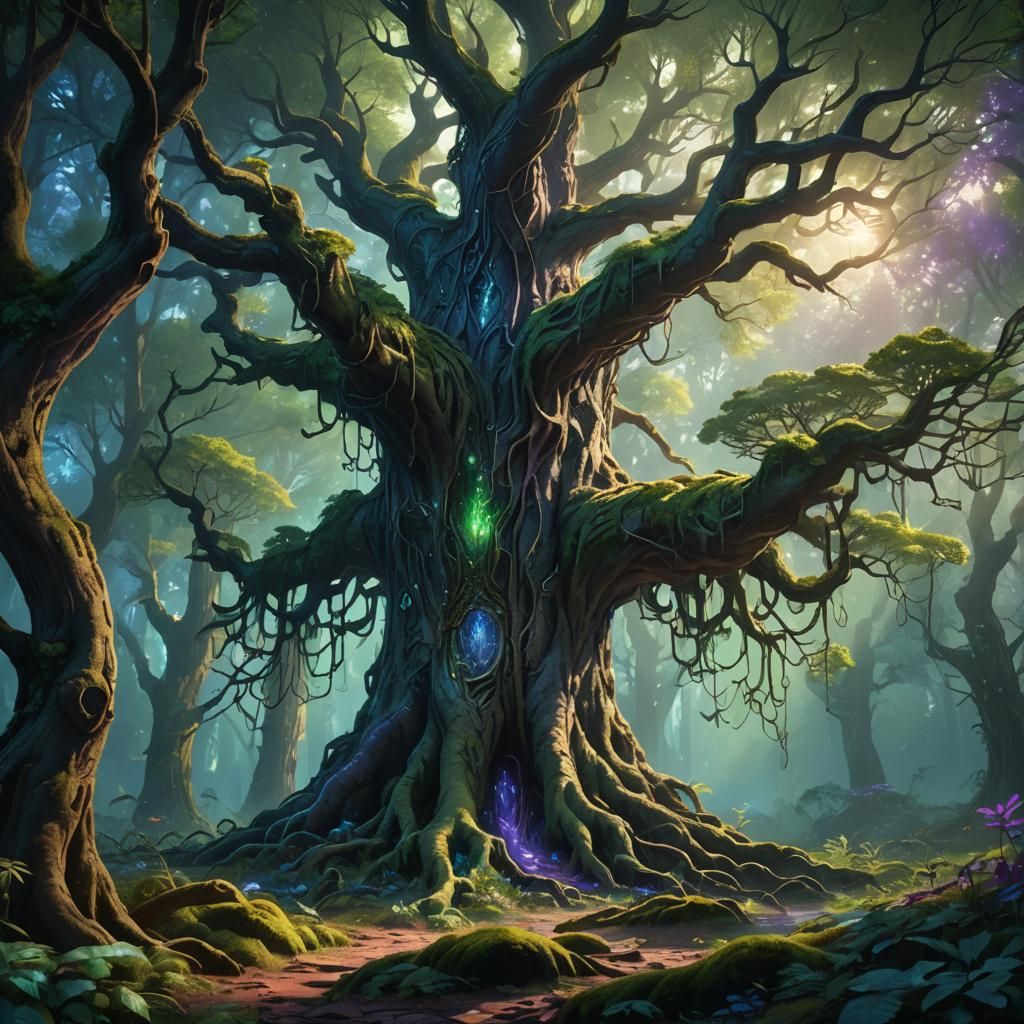 Mystical Sentient Tree in Lush Fantasy Forest