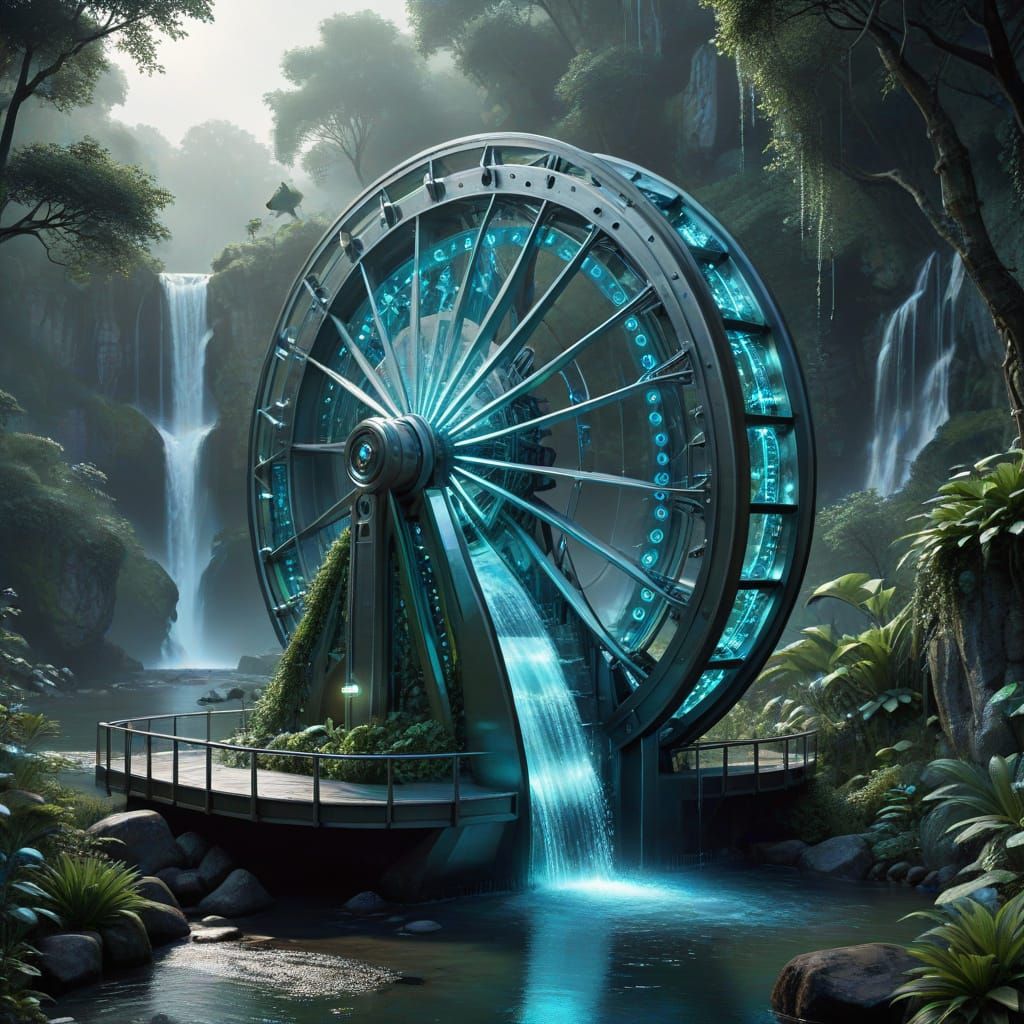 Sleek Futuristic Waterwheel Generates Clean Energy in a Mode...