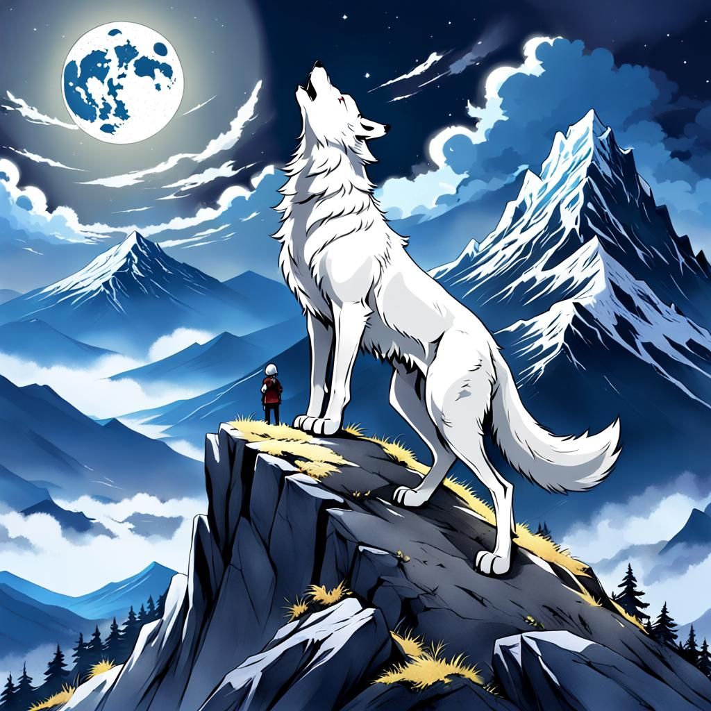White Wolf Howling at Moon in Anime Style