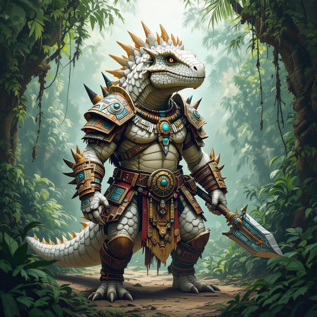 Albino Seraphon Saurus Warrior in Mesoamerican Style