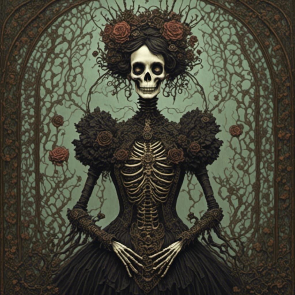 Skeleton Woman in Whimsical Dark Aesthetic