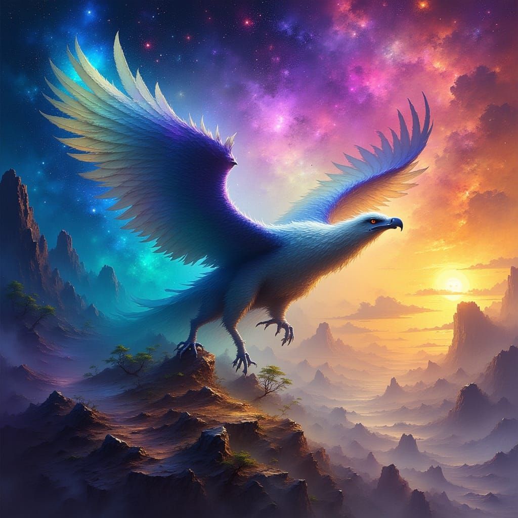 Griffin Soaring Through Nebula in Hyperrealistic Style
