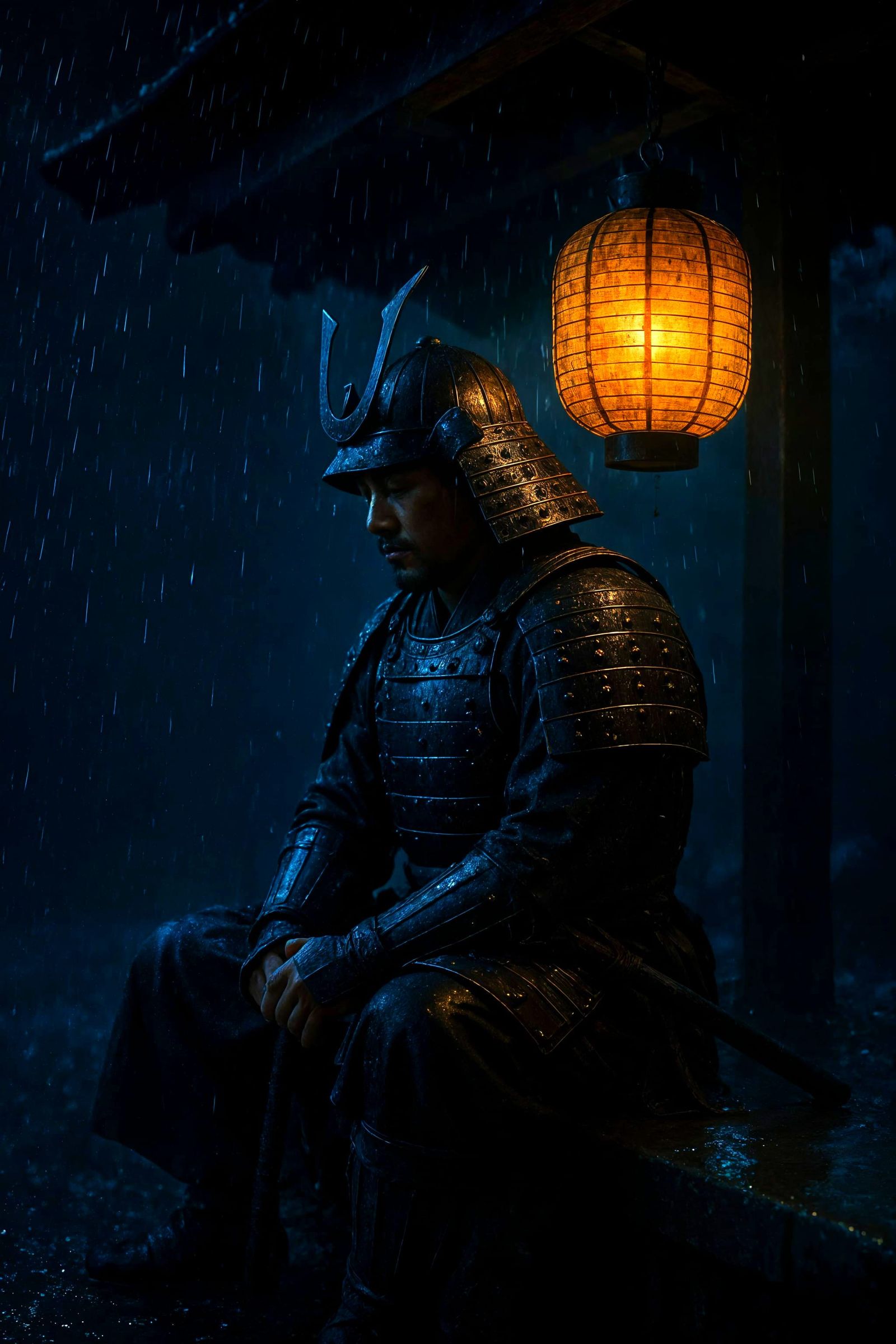 Samurai in Rain Under Lantern Light