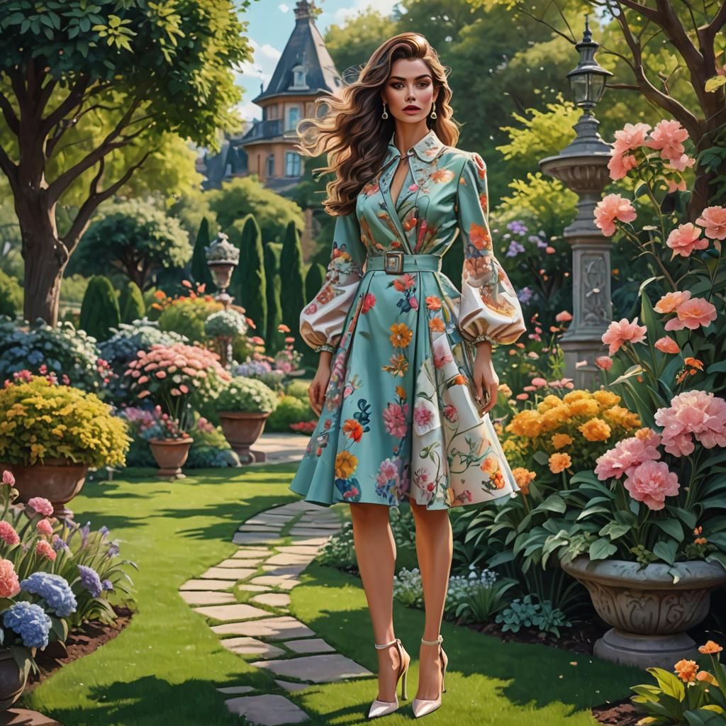 Elegant Woman in Garden, Detailed Fantasy Art