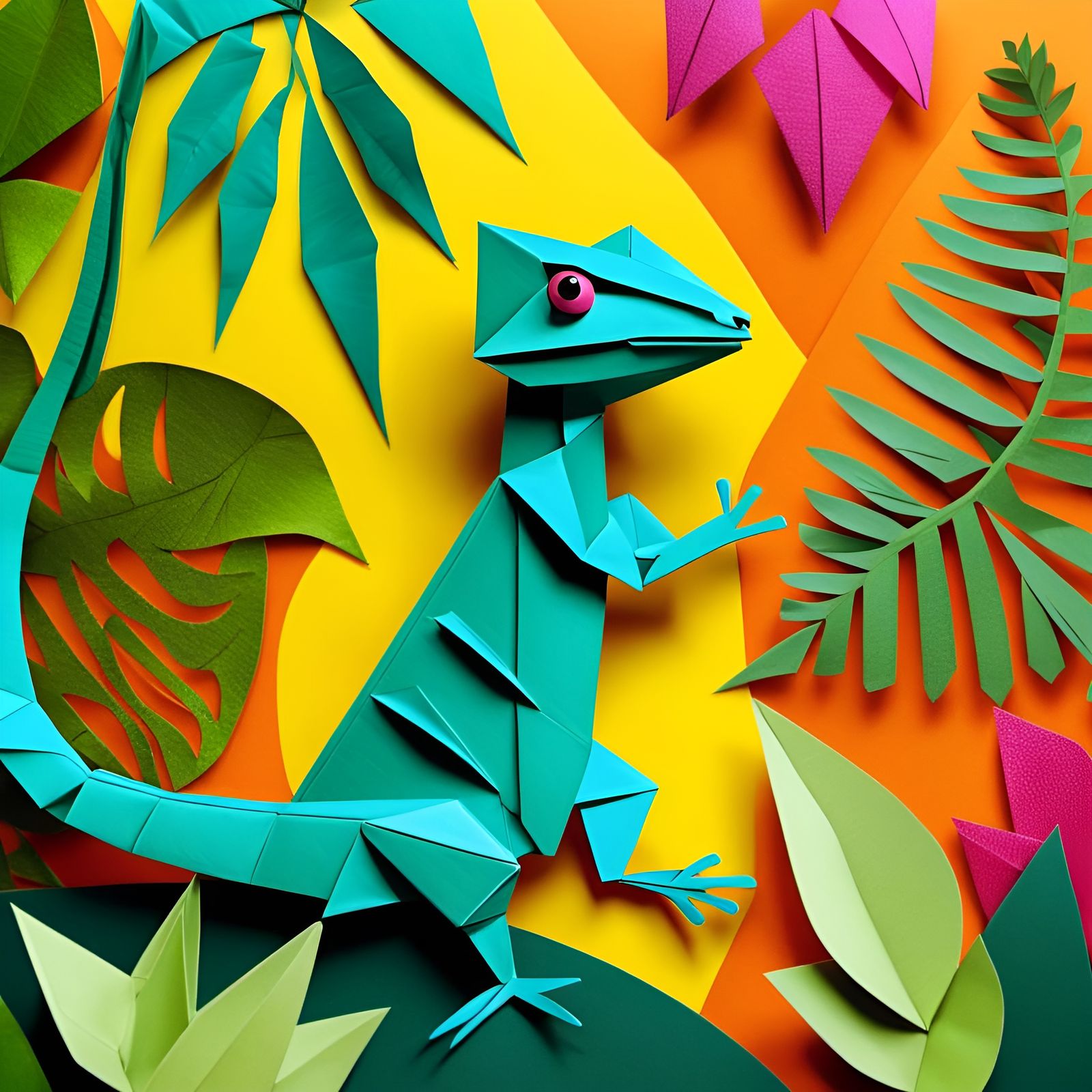 Origami Lizard in Jungle, Art Brut Style