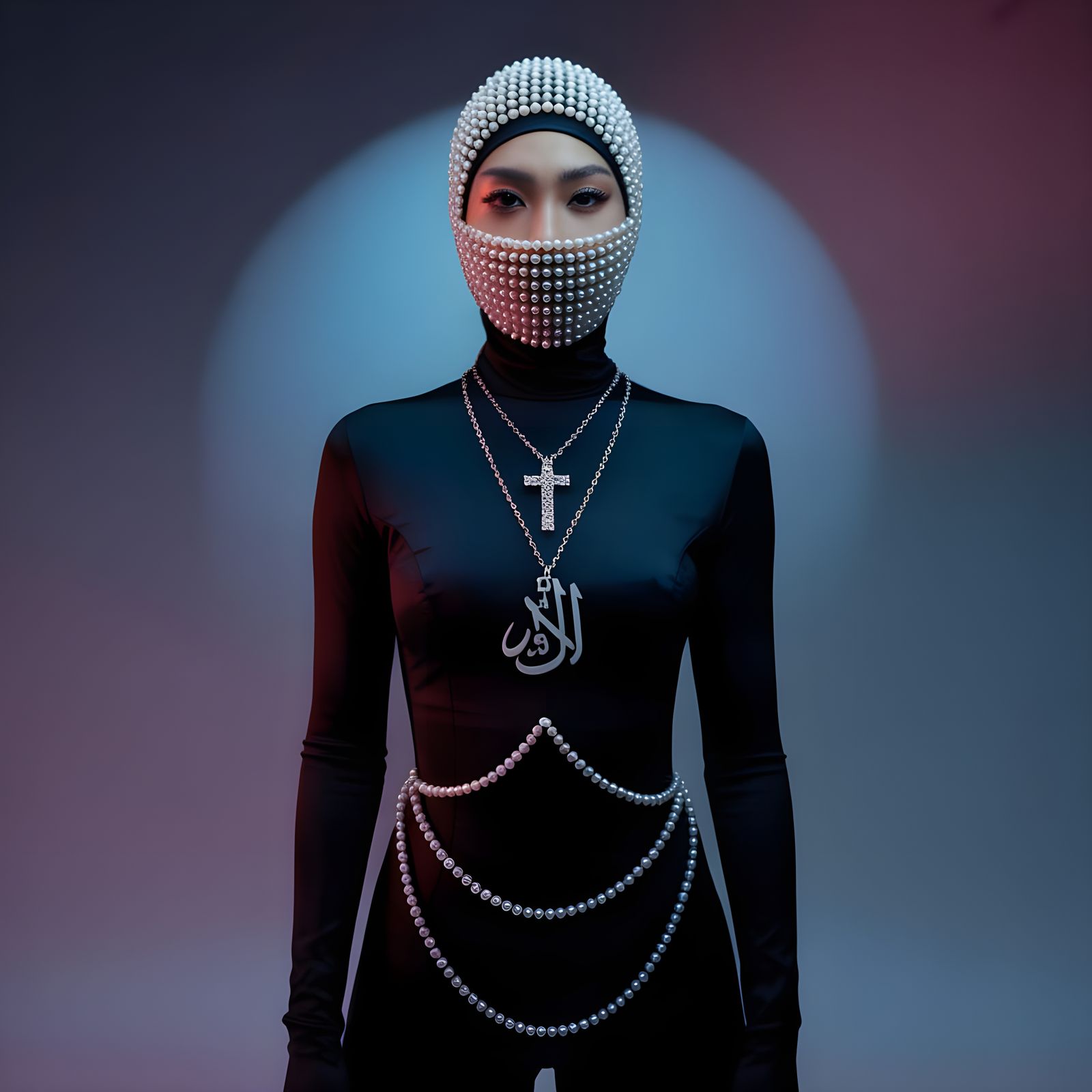 Asian Woman in Pearl Niqab: Stylized Portrait