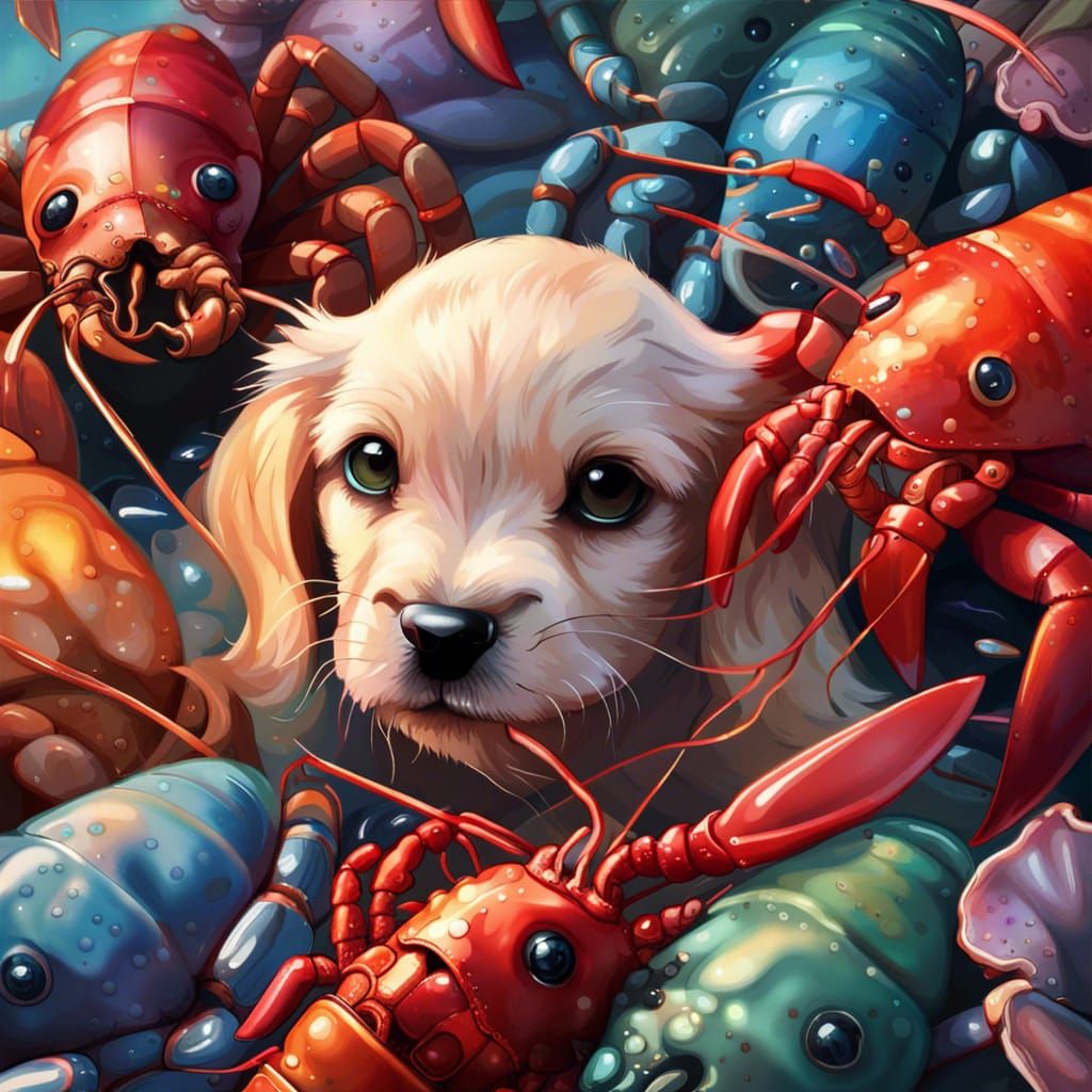 Puppies and Lobsters in Hyperrealistic Splash Art
