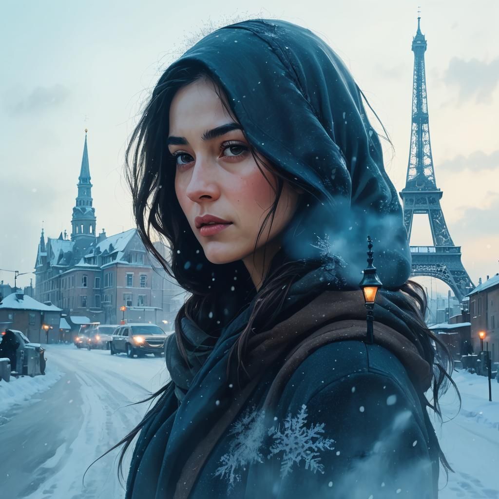 Surrealist Snowy Street Scene with Woman in Chapka