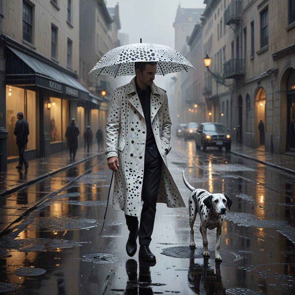 A man in a long trench coat walks a Dalmatian through a quiet, rain-soaked city street.