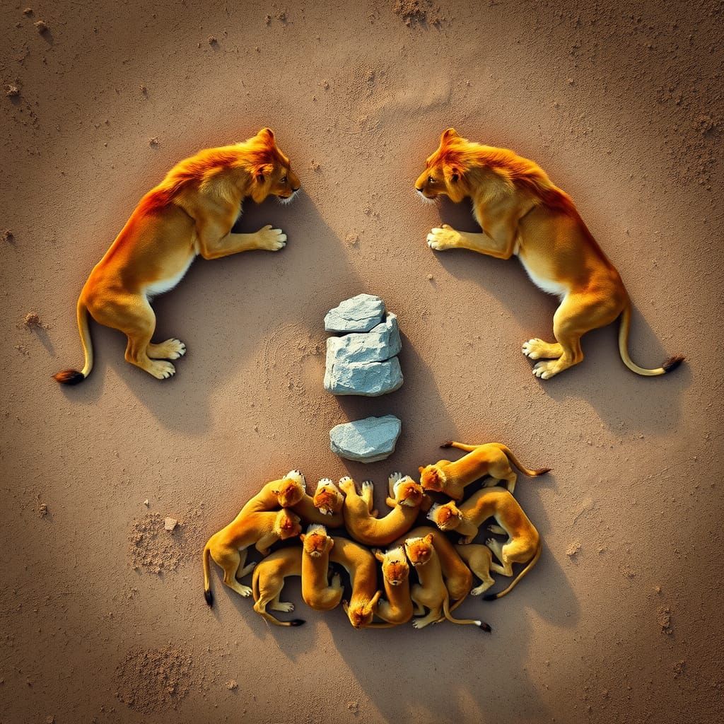 Surreal Lion Circle with Human Facial Features in Vibrant Ph...