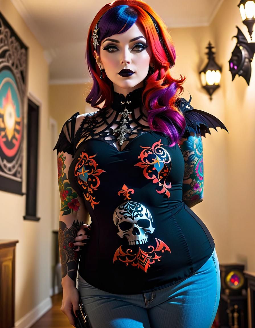 Gothic Woman with Intricate Tattoo in Rococo-Horrorcore Styl...