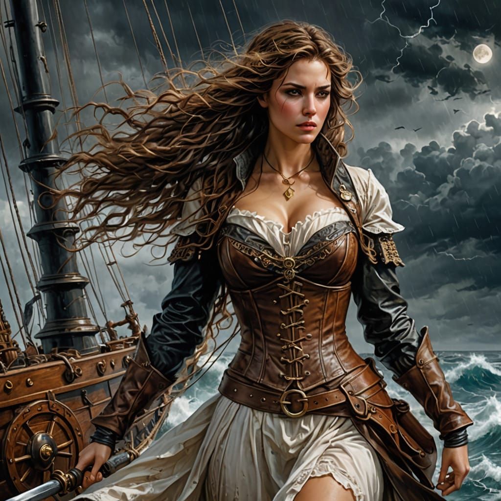 Young Woman Stands Tall Against Turbulent Sea in Hyper-Reali...