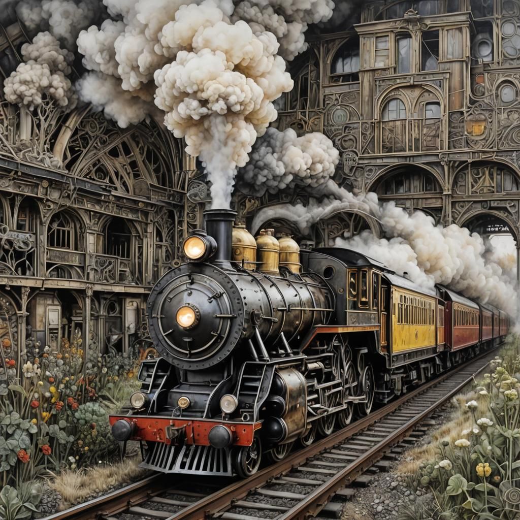 Hyperdetailed Encaustic Steamtrain Zendoodle in Triadic Colo...