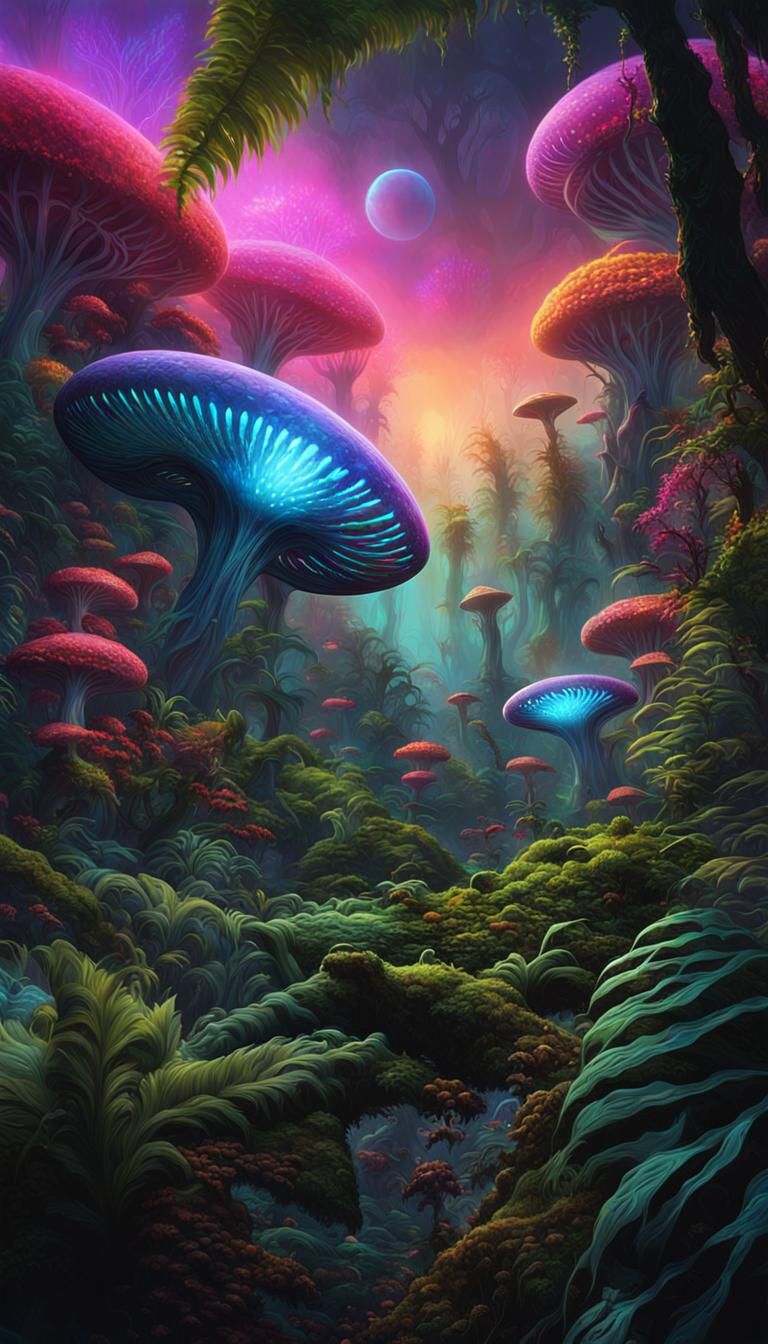 Lush Alien Jungle with Bioluminescent Flora