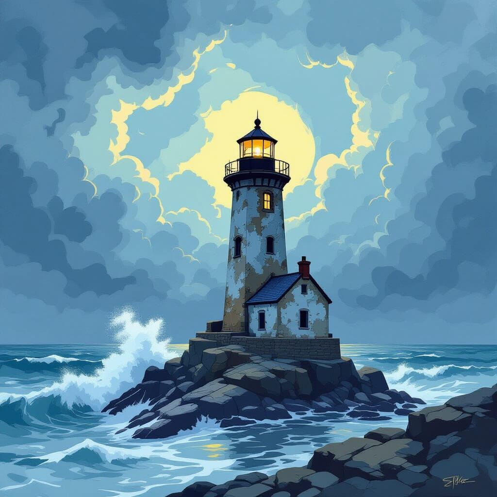 Stormy Lighthouse in Cubist Watercolor Style