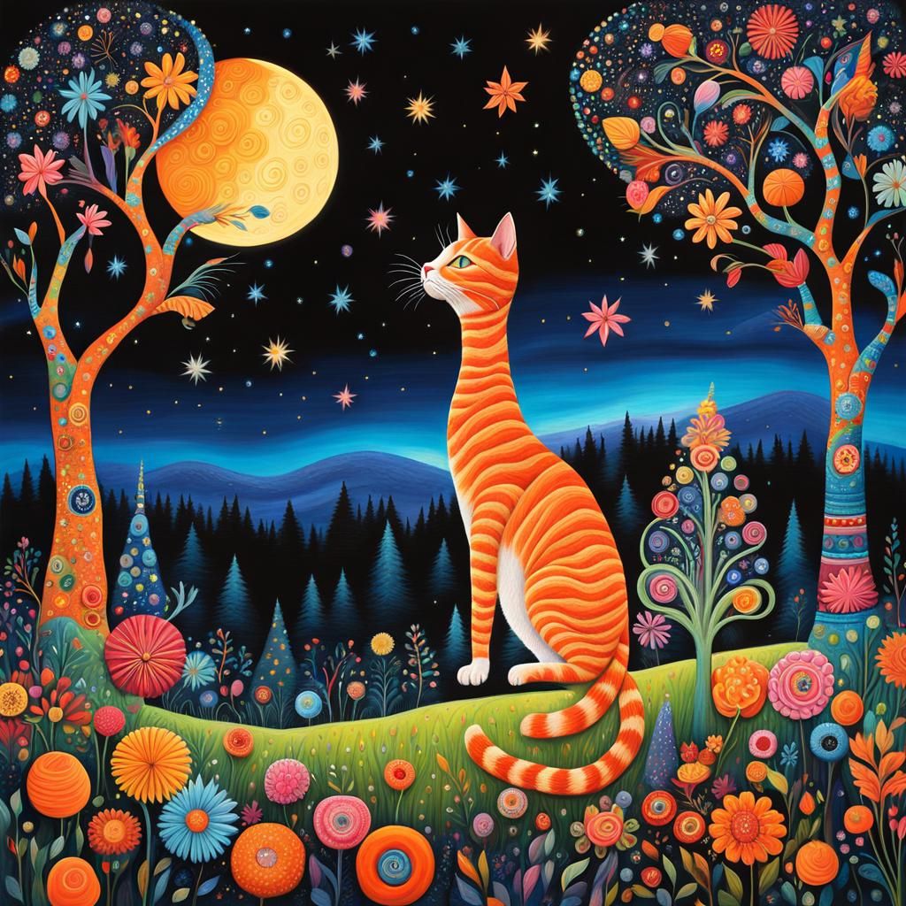 Whimsical Cat in Enchanted Forest, Naive Art Illustration