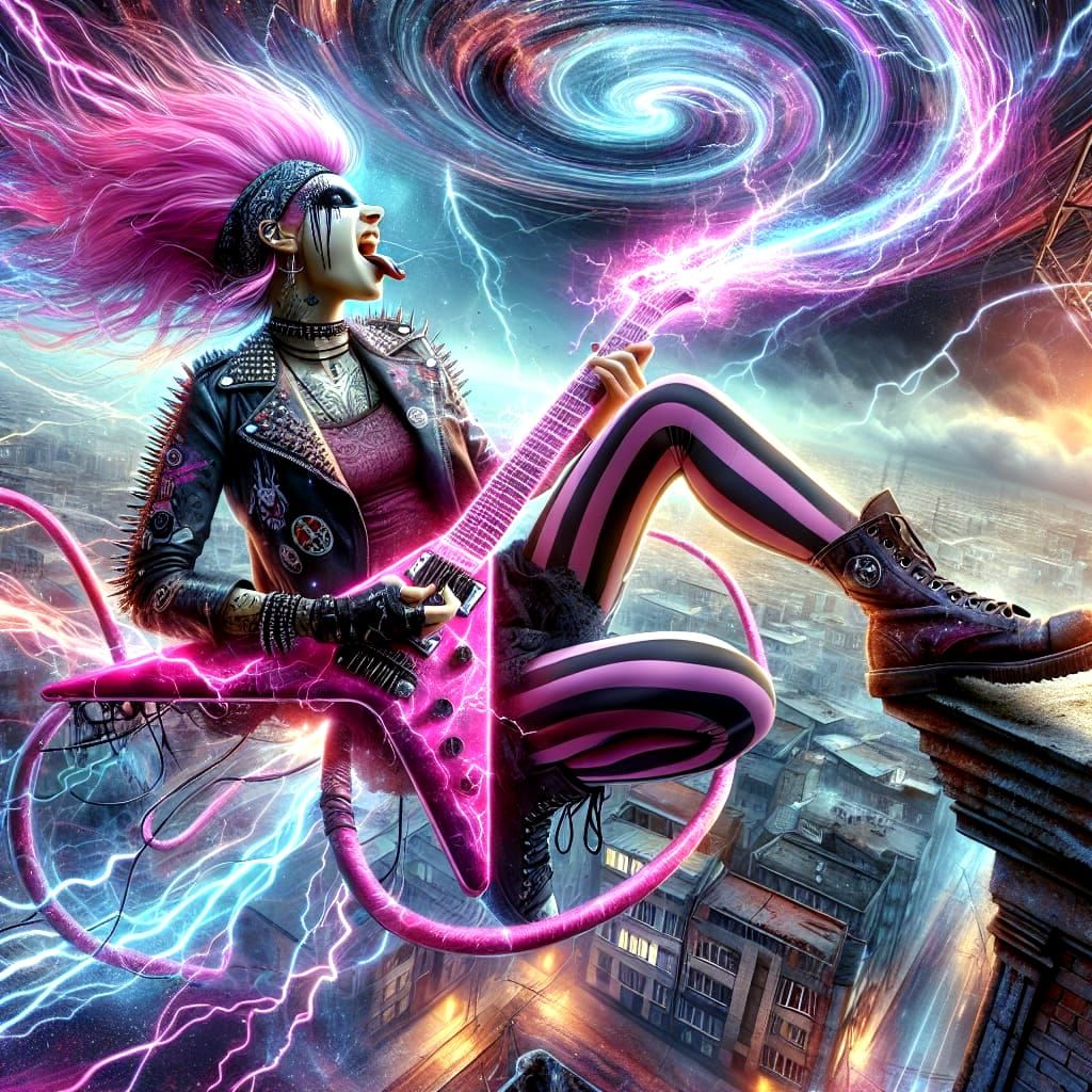 Electric Rebel Defies Gravity in Cosmic Punk Landscape