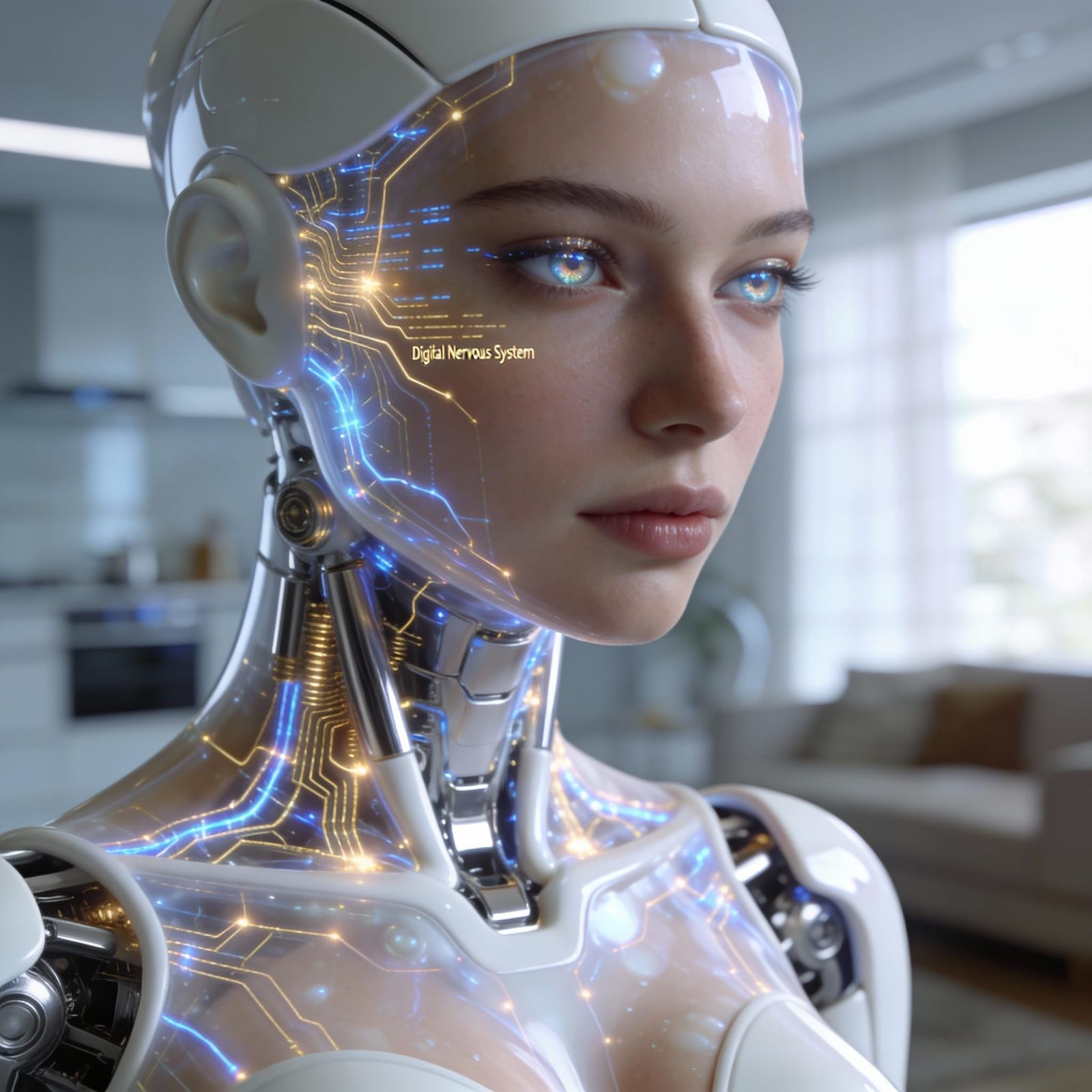 A hyper-realistic, 8K cinematic close-up of a next-generation "Physical AI" humanoid assistant in 2026. The android feat...