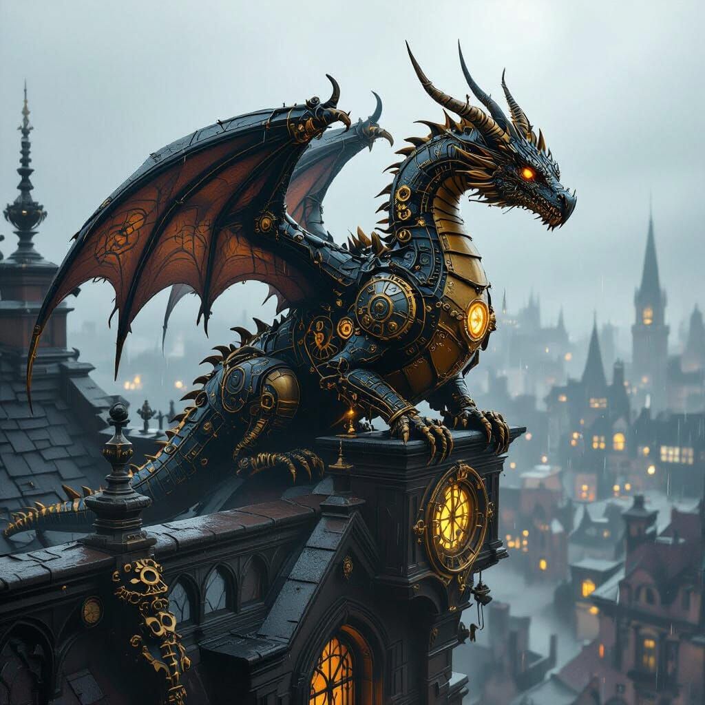 Clockwork Dragon on Gothic Rooftop Overlooking Steampunk Cit...