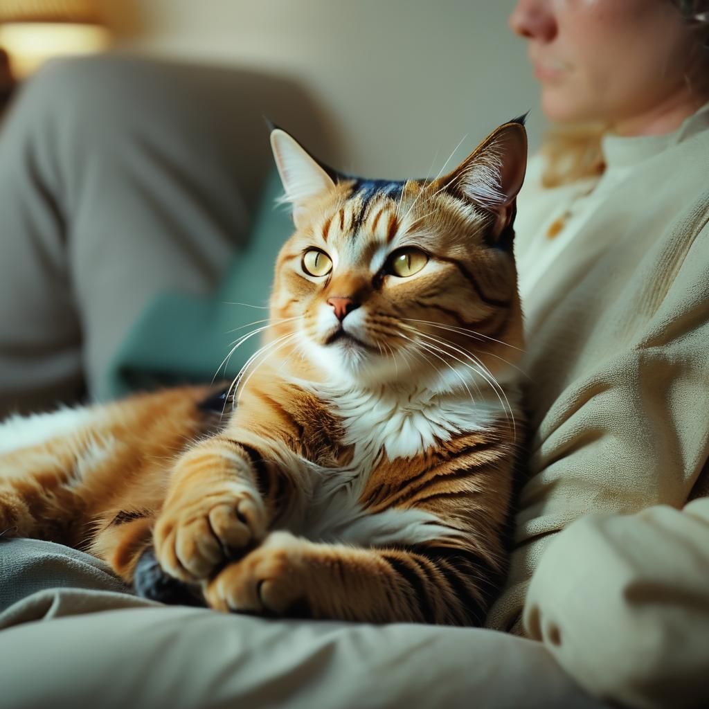 Cat Lounging in Lap: Cinematic Film Still