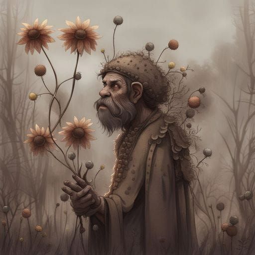 Dark Creature Amidst Vibrant Flowers