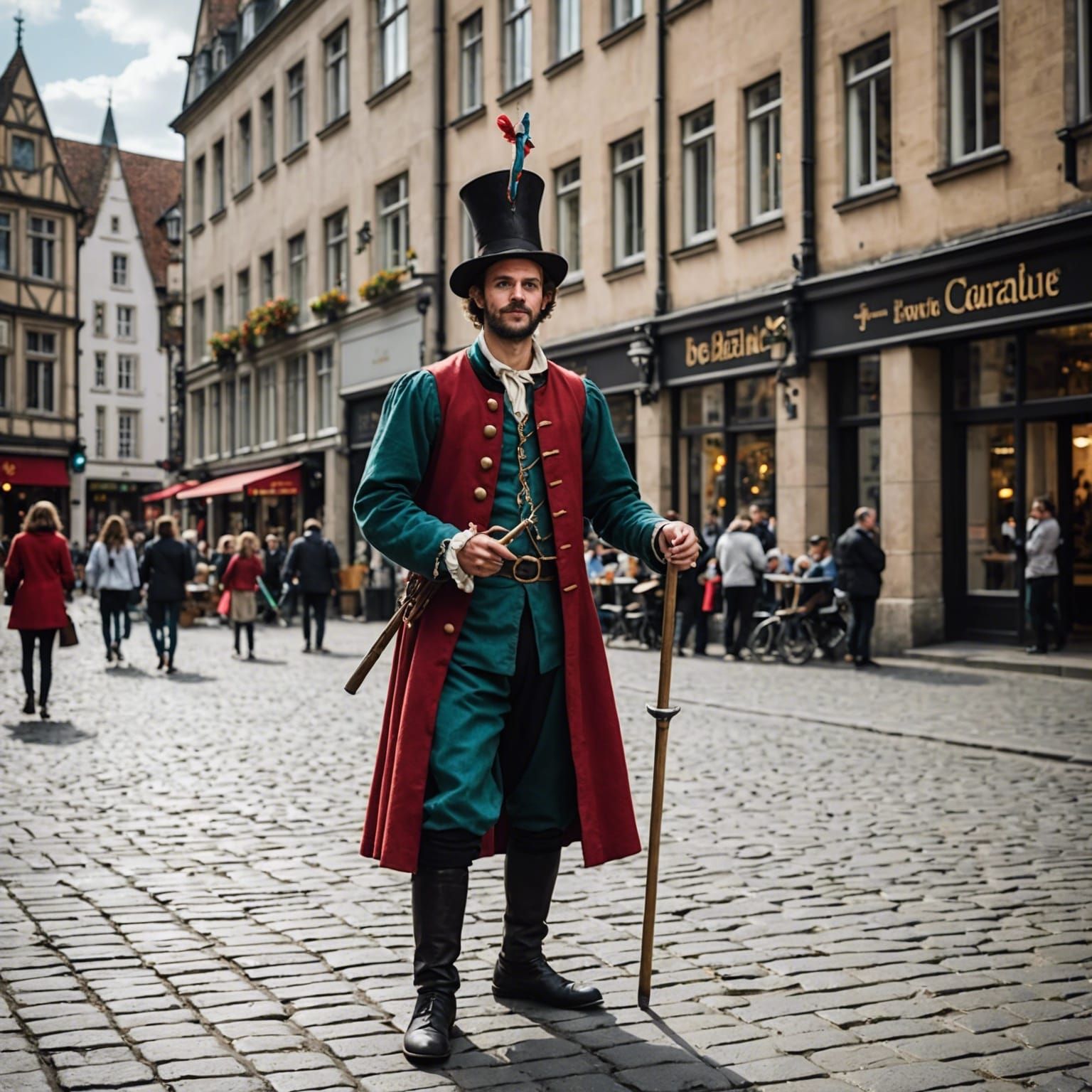 Medieval Jongleur in Modern Cityscape