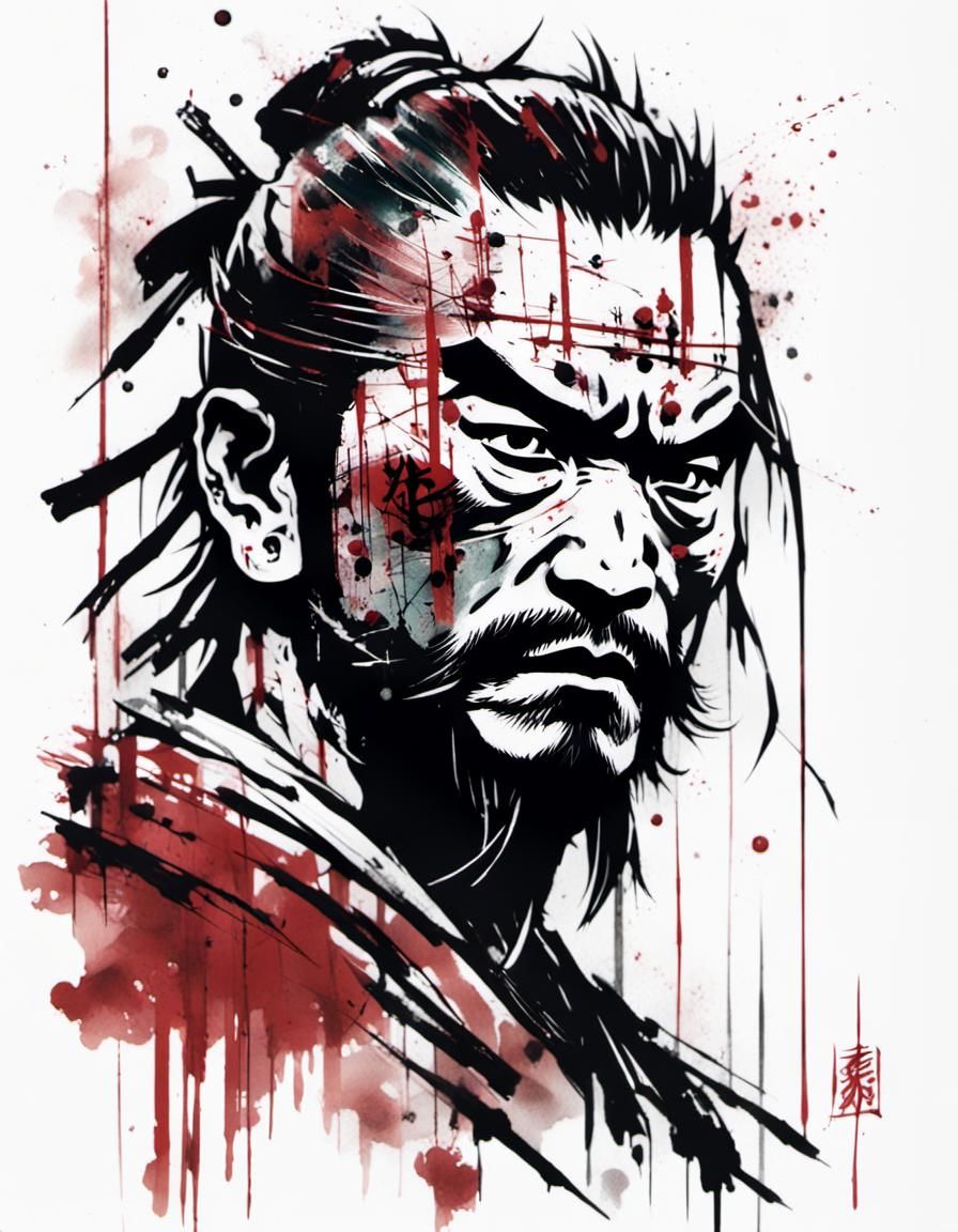 Minimalist Samurai Warrior Ink Art in Occult Style