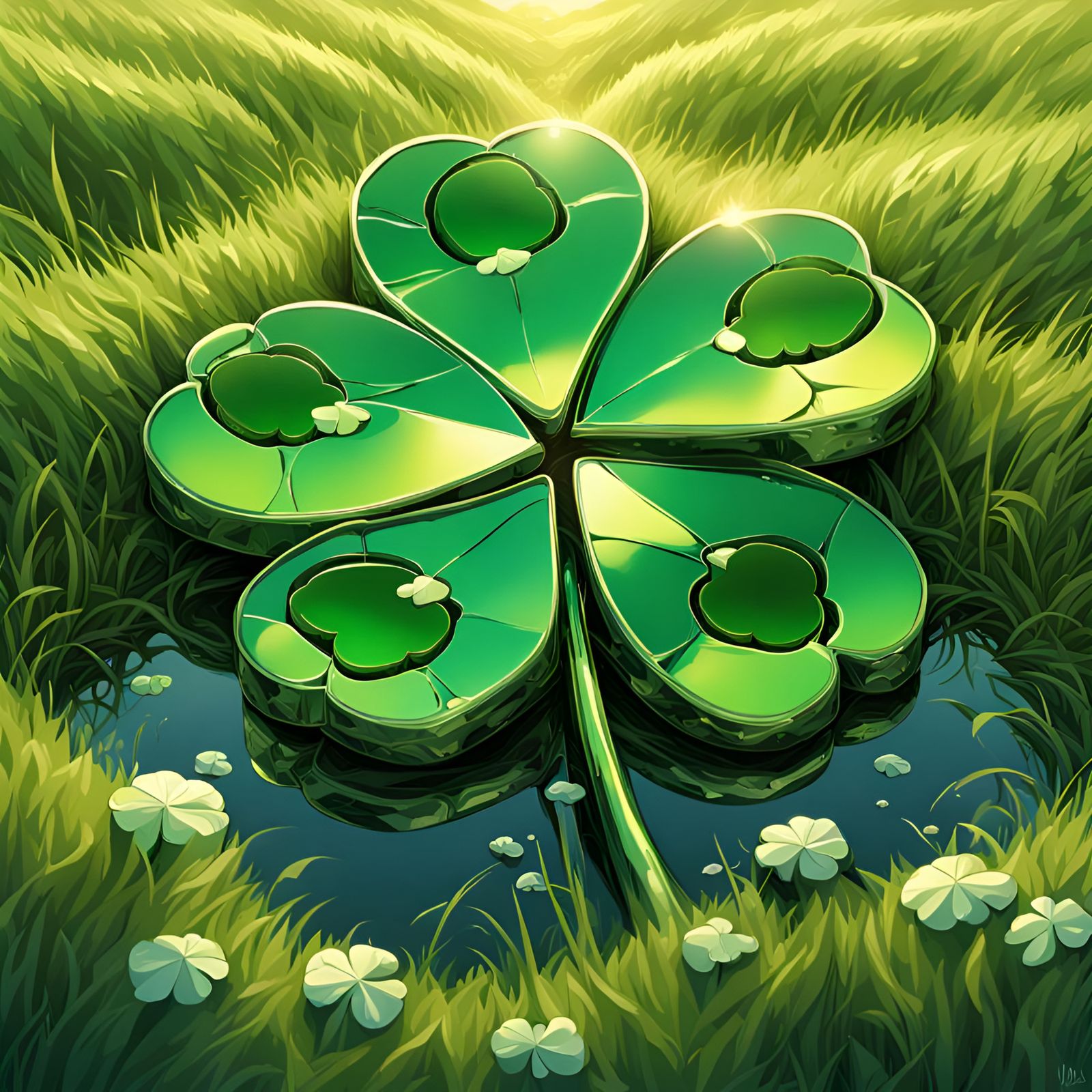 Metallic Clover in Field, Surreal Digital Art