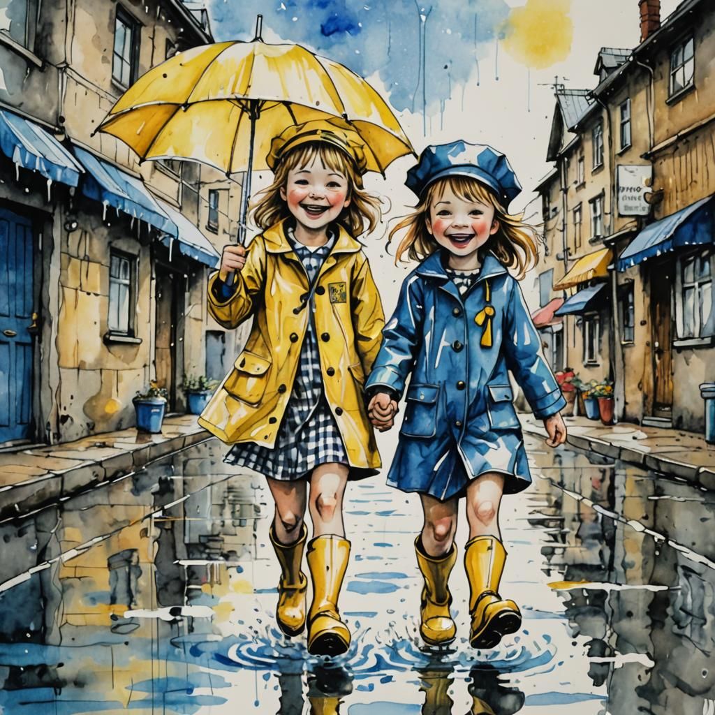 Children Jumping in Puddles in Expressionist Style